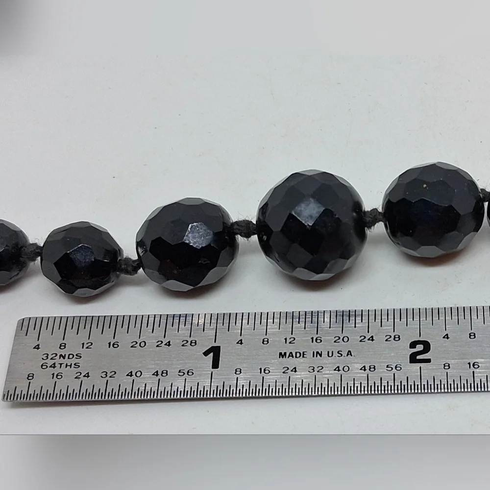 * Vintage Austria Hand Tied Graduated Black Glass Faceted Bead Necklace